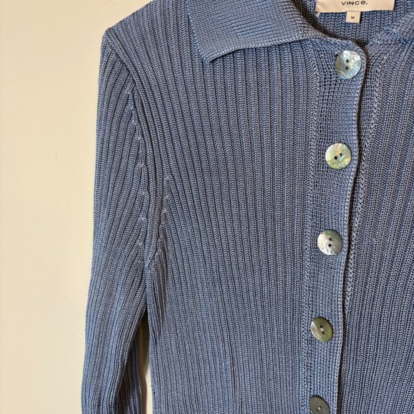 Vince Blue Ribbed Knit Button Front Cardigan Collared‎ Sweater Medium - Picture 5 of 9